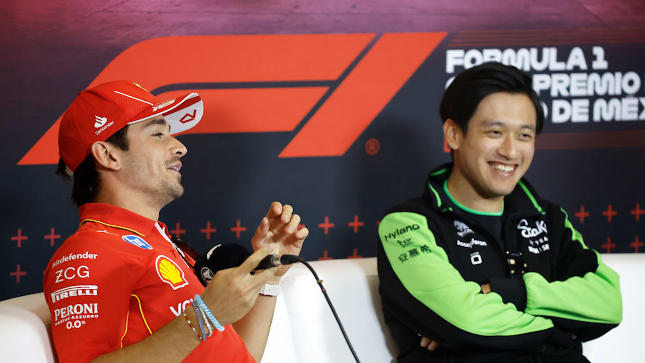 MEXICO CITY, MEXICO - OCTOBER 24: Charles Leclerc of Monaco and Ferrari and Zhou Guanyu of China and Stake F1 Team Kick Sauber attend the Drivers Press Conference during previews ahead of the F1 Grand Prix of Mexico at Autodromo Hermanos Rodriguez on October 24, 2024 in Mexico City, Mexico. (Photo by Chris Graythen/Getty Images)