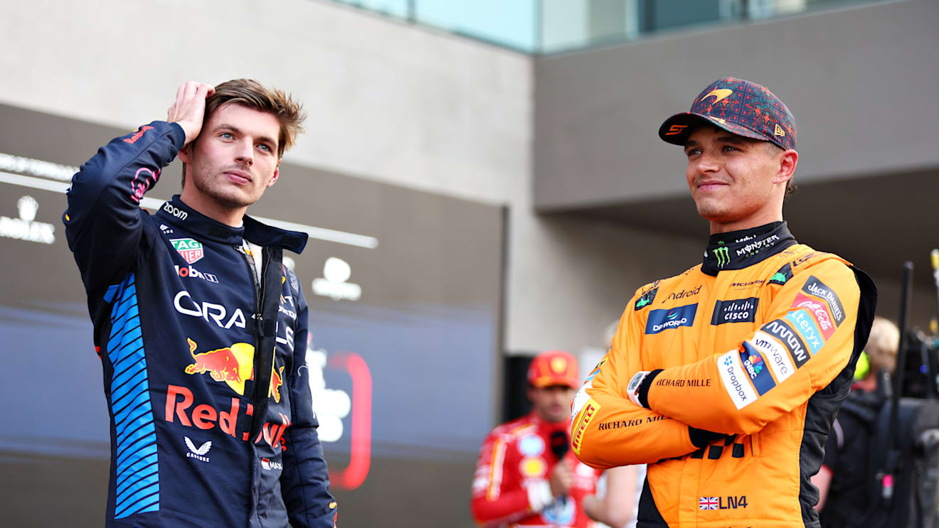 MEXICO CITY, MEXICO - OCTOBER 26: Second placed qualifier Max Verstappen of the Netherlands and Oracle Red Bull Racing talks with Third placed qualifier Lando Norris of Great Britain and McLaren in parc ferme during qualifying ahead of the F1 Grand Prix of Mexico at Autodromo Hermanos Rodriguez on October 26, 2024 in Mexico City, Mexico. (Photo by Bryn Lennon - Formula 1/Formula 1 via Getty Images)