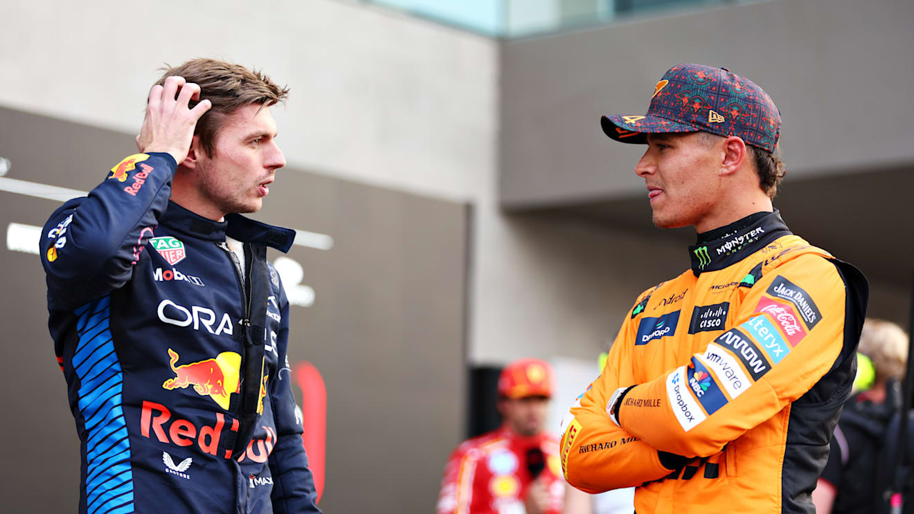 MEXICO CITY, MEXICO - OCTOBER 26: Second placed qualifier Max Verstappen of the Netherlands and Oracle Red Bull Racing talks with Third placed qualifier Lando Norris of Great Britain and McLaren in parc ferme during qualifying ahead of the F1 Grand Prix of Mexico at Autodromo Hermanos Rodriguez on October 26, 2024 in Mexico City, Mexico. (Photo by Bryn Lennon - Formula 1/Formula 1 via Getty Images)