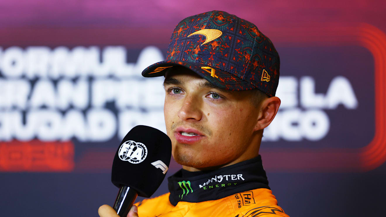 MEXICO CITY, MEXICO - OCTOBER 26: Third placed qualifier Lando Norris of Great Britain and McLaren attends the press conference after qualifying ahead of the F1 Grand Prix of Mexico at Autodromo Hermanos Rodriguez on October 26, 2024 in Mexico City, Mexico. (Photo by Bryn Lennon/Getty Images)