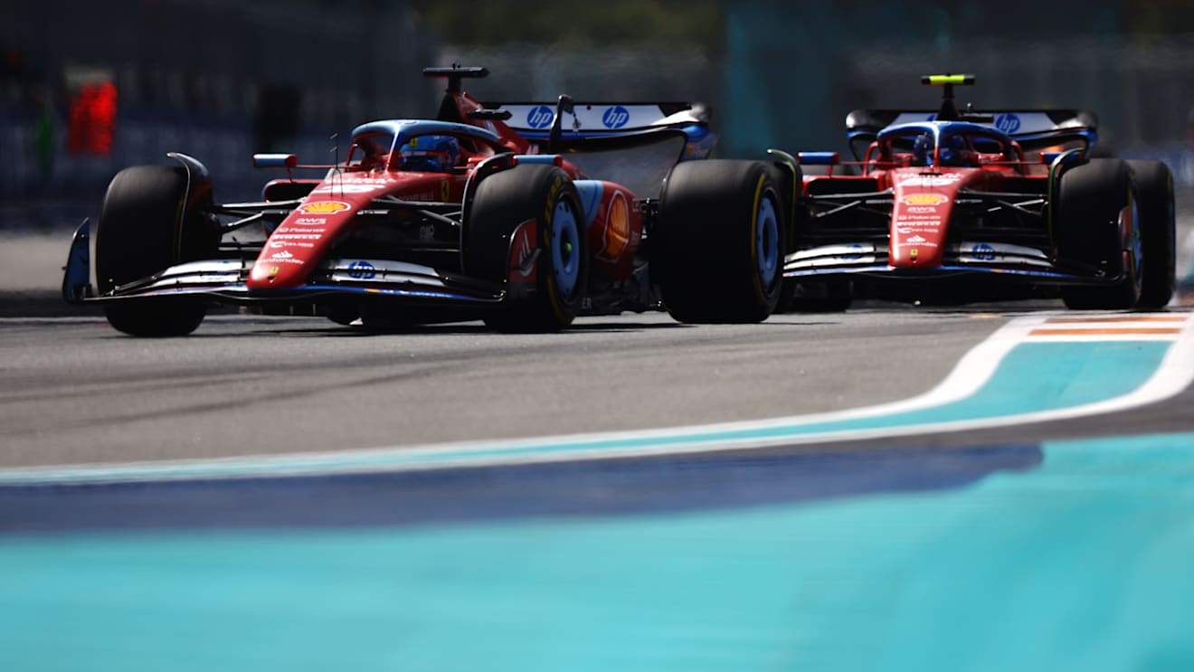MIAMI, FLORIDA - MAY 05: Carlos Sainz of Spain driving (55) the Ferrari SF-24 leads Charles Leclerc of Monaco driving the (16) Ferrari SF-24 on track during the F1 Grand Prix of Miami at Miami International Autodrome on May 05, 2024 in Miami, Florida. (Photo by Mark Thompson/Getty Images)