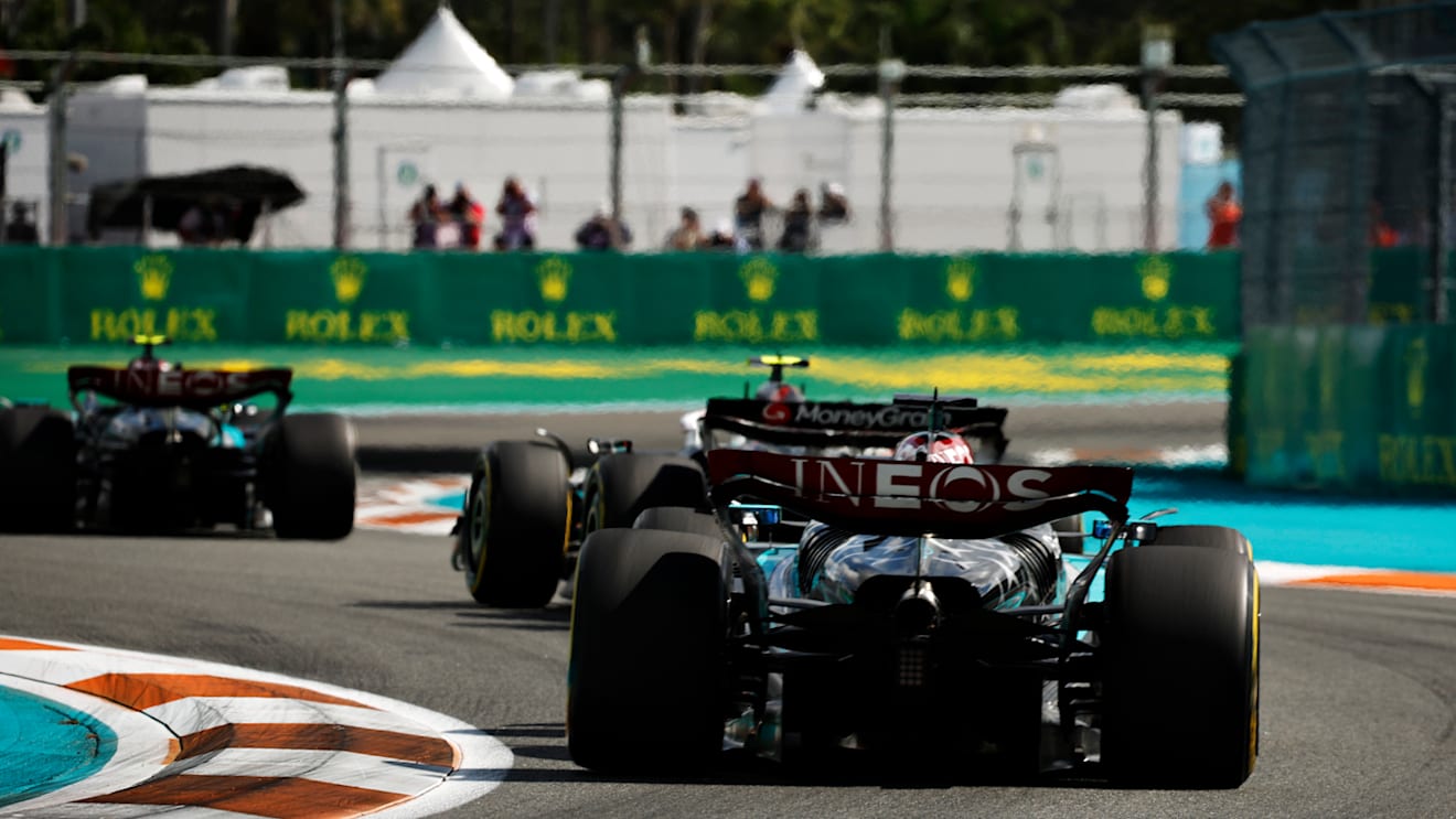MIAMI, FLORIDA - MAY 05: George Russell of Great Britain driving the (63) Mercedes AMG Petronas F1 Team W15 on track during the F1 Grand Prix of Miami at Miami International Autodrome on May 05, 2024 in Miami, Florida. (Photo by Chris Graythen/Getty Images)