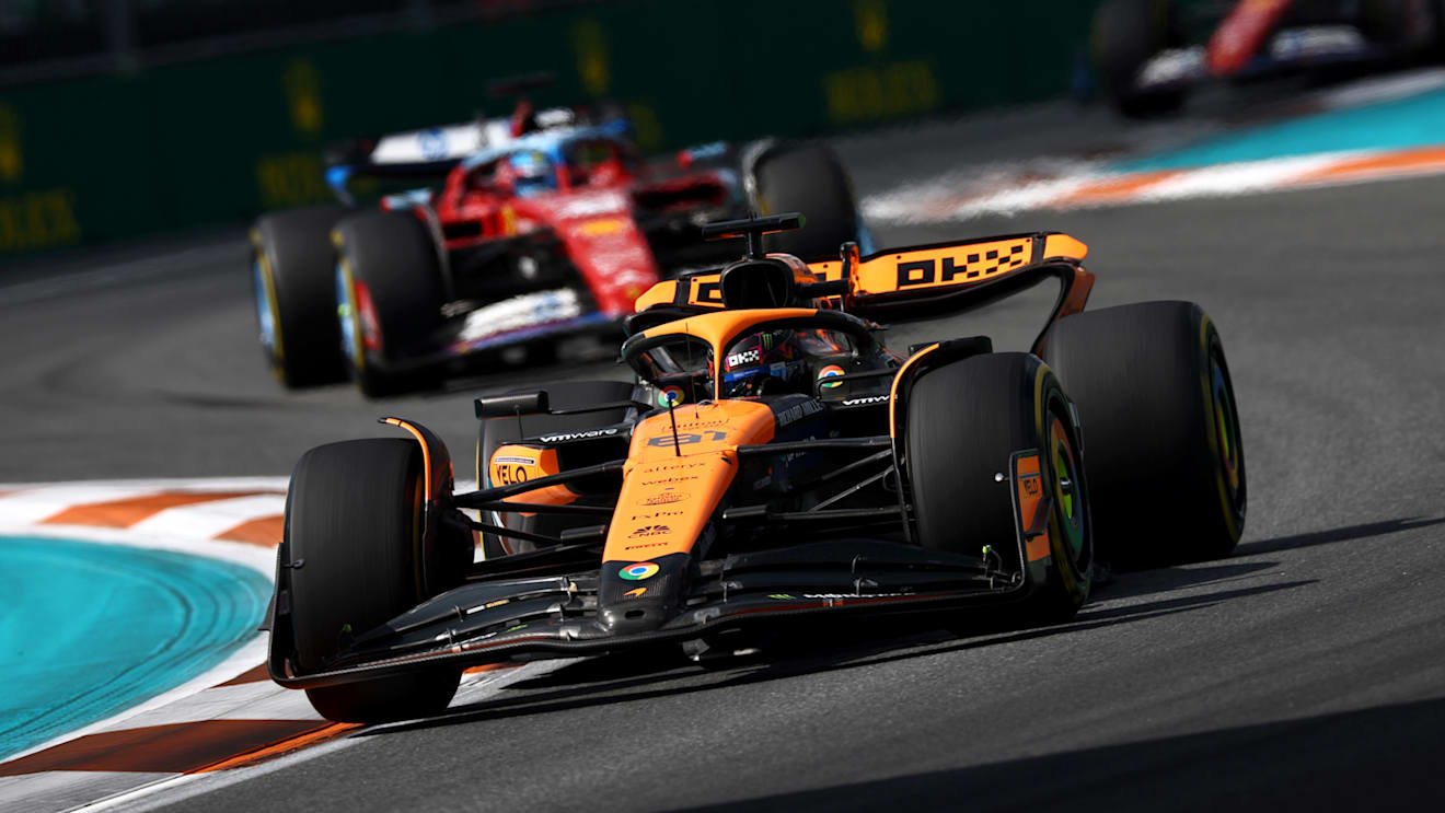 MIAMI, FLORIDA - MAY 05: Oscar Piastri of Australia driving the (81) McLaren MCL38 Mercedes leads Charles Leclerc of Monaco driving the (16) Ferrari SF-24 on track during the F1 Grand Prix of Miami at Miami International Autodrome on May 05, 2024 in Miami, Florida. (Photo by Jared C. Tilton - Formula 1/Formula 1 via Getty Images)