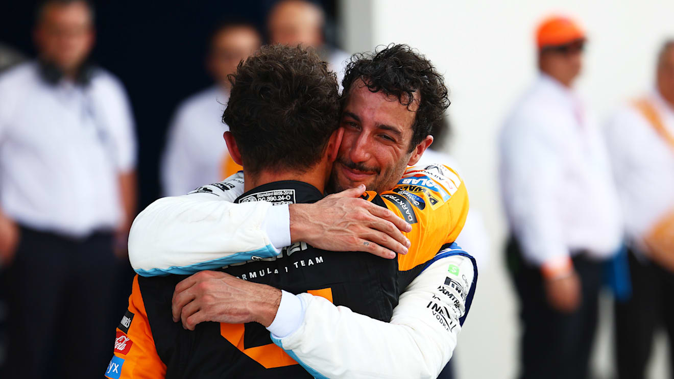 MIAMI, FLORIDA - MAY 05: Race winner Lando Norris of Great Britain and McLaren celebrates with Daniel Ricciardo of Australia and Visa Cash App RB in parc ferme after the F1 Grand Prix of Miami at Miami International Autodrome on May 05, 2024 in Miami, Florida. (Photo by Mark Thompson/Getty Images)