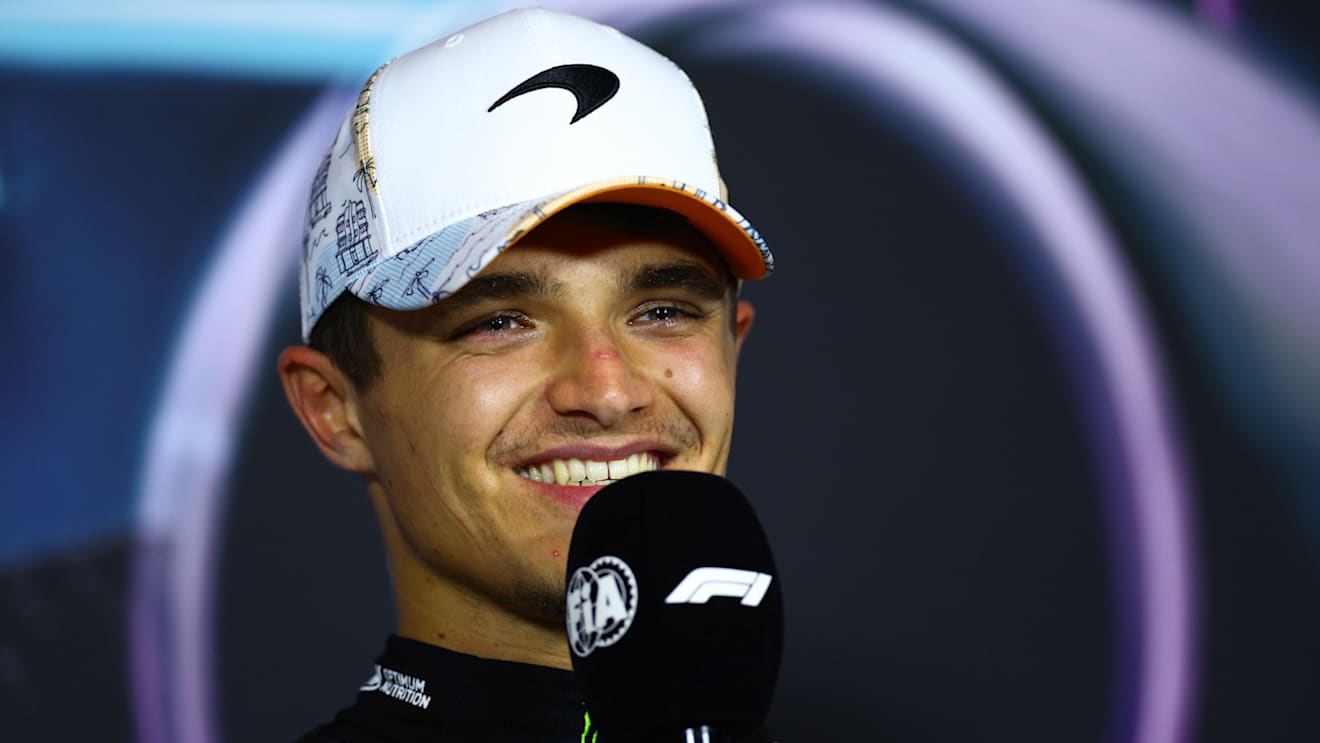 MIAMI, FLORIDA - MAY 05: Race winner Lando Norris of Great Britain and McLaren attends the press conference after the F1 Grand Prix of Miami at Miami International Autodrome on May 05, 2024 in Miami, Florida. (Photo by Clive Rose/Getty Images)