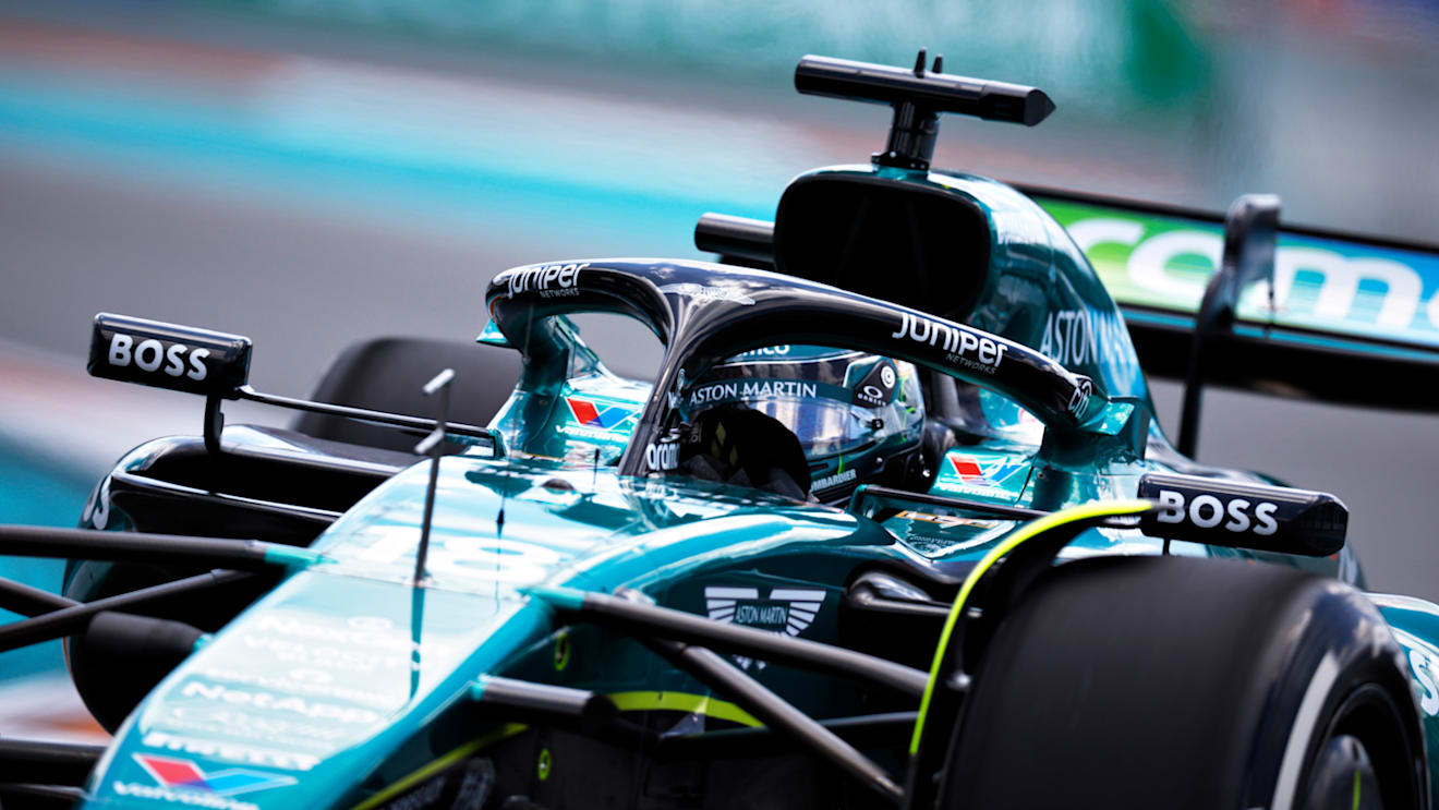 MIAMI, FLORIDA - MAY 03: Lance Stroll of Canada driving the (18) Aston Martin AMR24 Mercedes on track during practice ahead of the F1 Grand Prix of Miami at Miami International Autodrome on May 03, 2024 in Miami, Florida. (Photo by Chris Graythen/Getty Images)