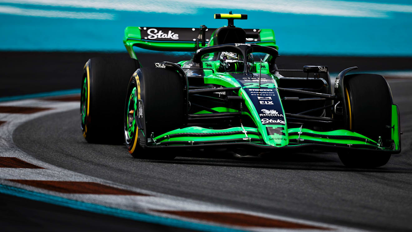 MIAMI, FLORIDA - MAY 03: Zhou Guanyu of China driving the (24) Kick Sauber C44 Ferrari on track during Sprint Qualifying ahead of the F1 Grand Prix of Miami at Miami International Autodrome on May 03, 2024 in Miami, Florida. (Photo by Chris Graythen/Getty Images)