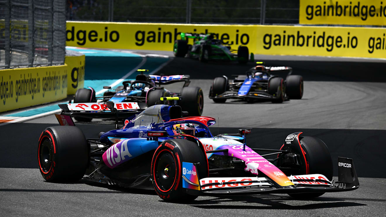 MIAMI, FLORIDA - MAY 04: Yuki Tsunoda of Japan driving the (22) Visa Cash App RB VCARB 01 leads Pierre Gasly of France driving the (10) Alpine F1 A524 Renault during the Sprint ahead of the F1 Grand Prix of Miami at Miami International Autodrome on May 04, 2024 in Miami, Florida. (Photo by Clive Mason/Getty Images)