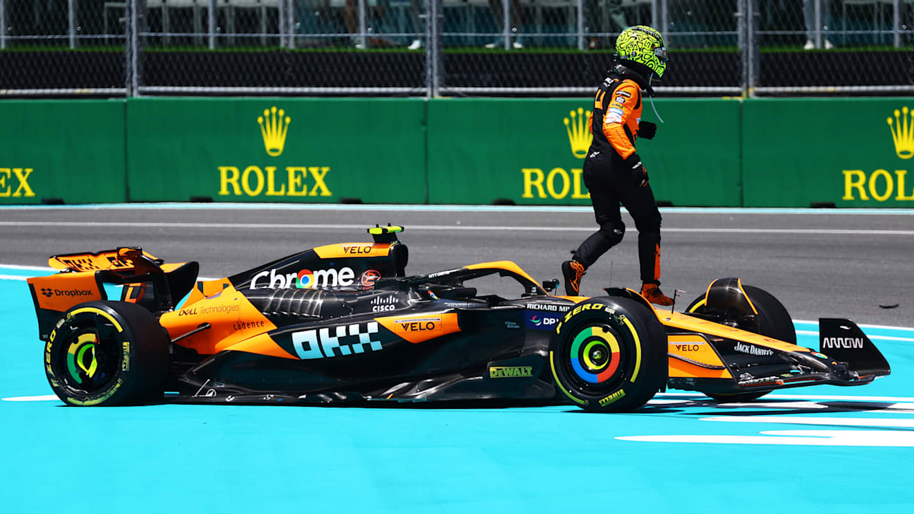 MIAMI, FLORIDA - MAY 04: Lando Norris of Great Britain and McLaren walks away from his car after stopping on track during the Sprint ahead of the F1 Grand Prix of Miami at Miami International Autodrome on May 04, 2024 in Miami, Florida. (Photo by Mark Thompson/Getty Images)