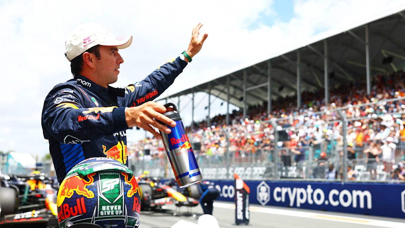 MIAMI, FLORIDA - MAY 04: Third placed Sergio Perez of Mexico and Oracle Red Bull Racing celebrates in parc ferme during the Sprint ahead of the F1 Grand Prix of Miami at Miami International Autodrome on May 04, 2024 in Miami, Florida. (Photo by Mark Thompson/Getty Images)