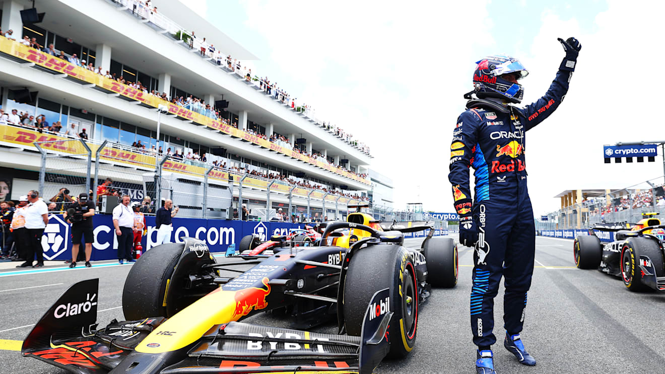 MIAMI, FLORIDA - MAY 04: Sprint winner Max Verstappen of the Netherlands and Oracle Red Bull Racing celebrates in parc ferme during the Sprint ahead of the F1 Grand Prix of Miami at Miami International Autodrome on May 04, 2024 in Miami, Florida. (Photo by Clive Rose - Formula 1/Formula 1 via Getty Images)