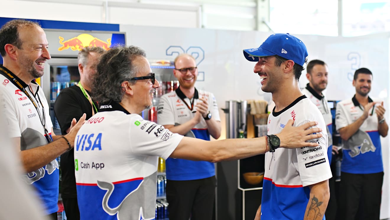 MIAMI, FLORIDA - MAY 04: Laurent Mekies, Team Principal of Visa Cash App RB talks with 4th placed Daniel Ricciardo of Australia and Visa Cash App RB in the Paddock after the Sprint ahead of the F1 Grand Prix of Miami at Miami International Autodrome on May 04, 2024 in Miami, Florida. (Photo by Rudy Carezzevoli/Getty Images)