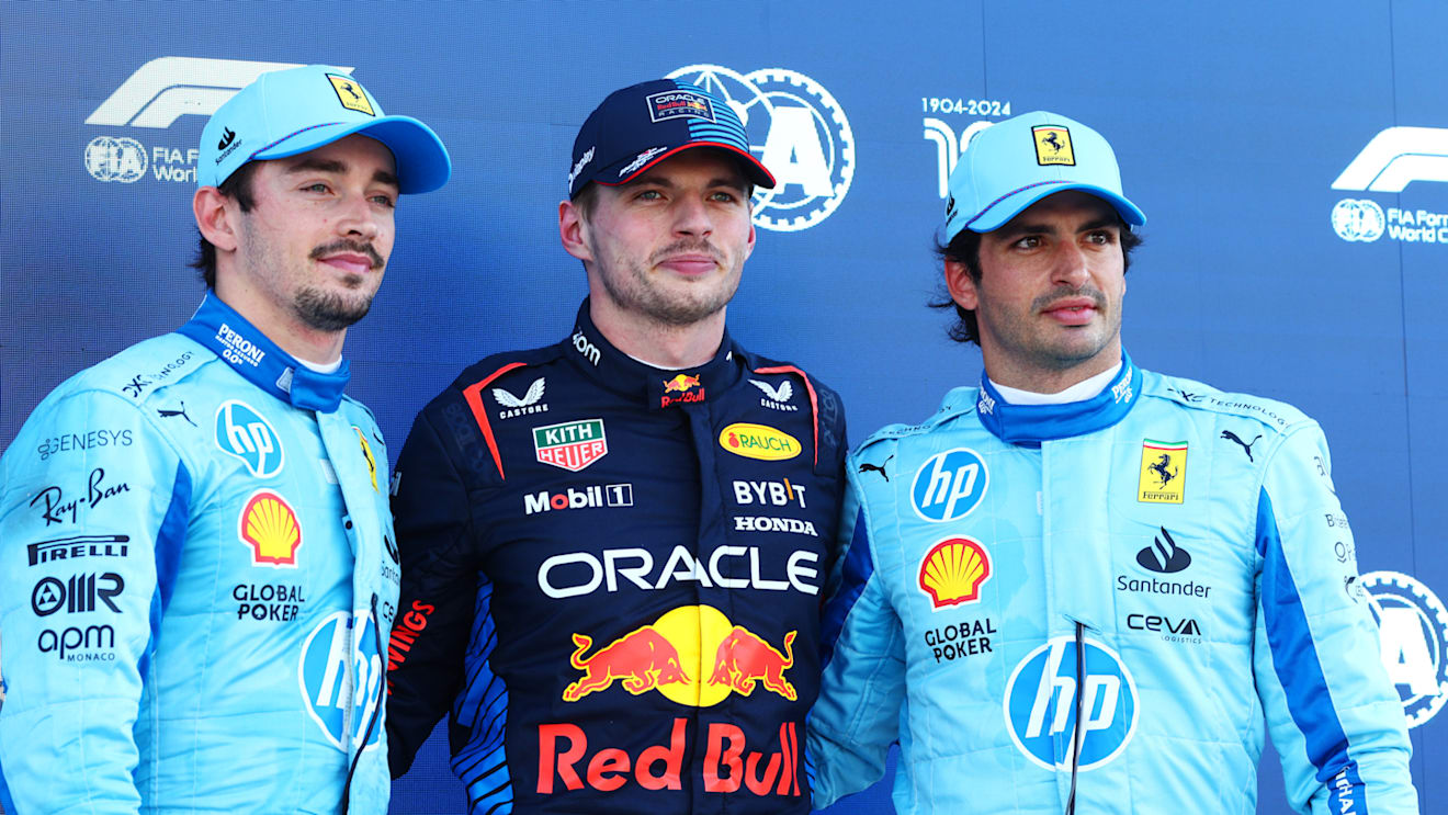 MIAMI, FLORIDA - MAY 04: Pole position qualifier Max Verstappen of the Netherlands and Oracle Red Bull Racing, Second placed qualifier Charles Leclerc of Monaco and Ferrari and Third placed qualifier Carlos Sainz of Spain and Ferrari pose for a photo in parc ferme during qualifying ahead of the F1 Grand Prix of Miami at Miami International Autodrome on May 04, 2024 in Miami, Florida. (Photo by Clive Rose - Formula 1/Formula 1 via Getty Images)