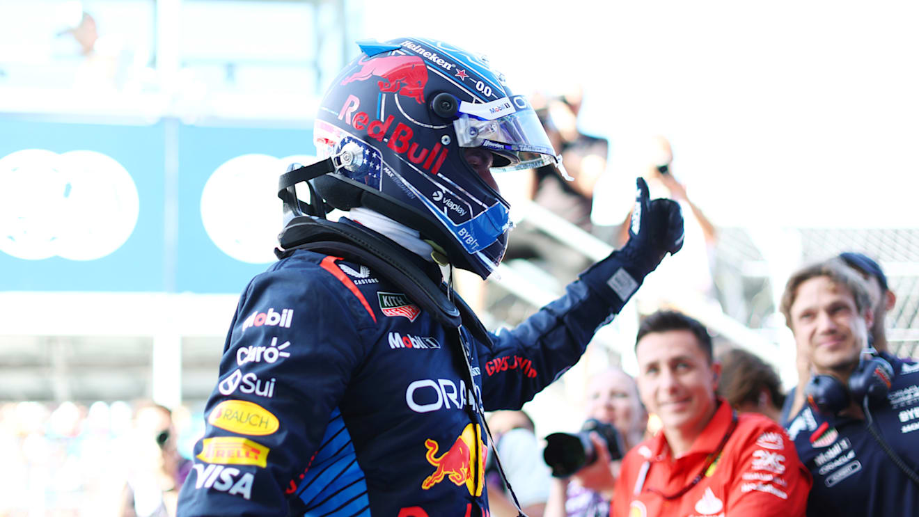 MIAMI, FLORIDA - MAY 04: Pole position qualifier Max Verstappen of the Netherlands and Oracle Red Bull Racing celebrates in parc ferme during qualifying ahead of the F1 Grand Prix of Miami at Miami International Autodrome on May 04, 2024 in Miami, Florida. (Photo by Clive Rose - Formula 1/Formula 1 via Getty Images)