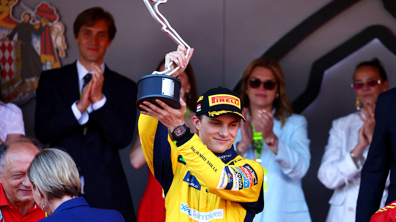 MONTE-CARLO, MONACO - MAY 26: Second placed Oscar Piastri of Australia and McLaren celebrates on the podium during the F1 Grand Prix of Monaco at Circuit de Monaco on May 26, 2024 in Monte-Carlo, Monaco. (Photo by Clive Rose/Getty Images)