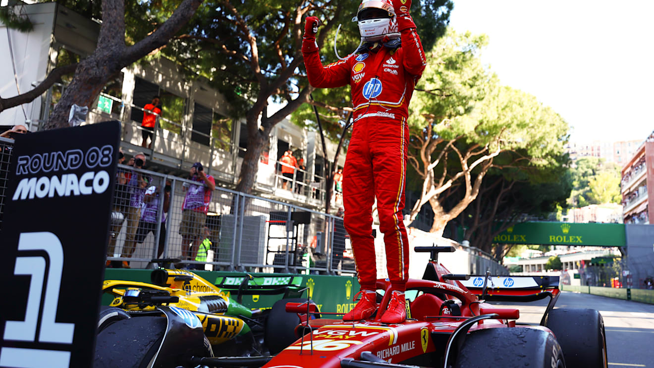 MONTE-CARLO, MONACO - MAY 26: Race winner Charles Leclerc of Monaco and Ferrari celebrates in parc ferme during the F1 Grand Prix of Monaco at Circuit de Monaco on May 26, 2024 in Monte-Carlo, Monaco. (Photo by Bryn Lennon - Formula 1/Formula 1 via Getty Images)