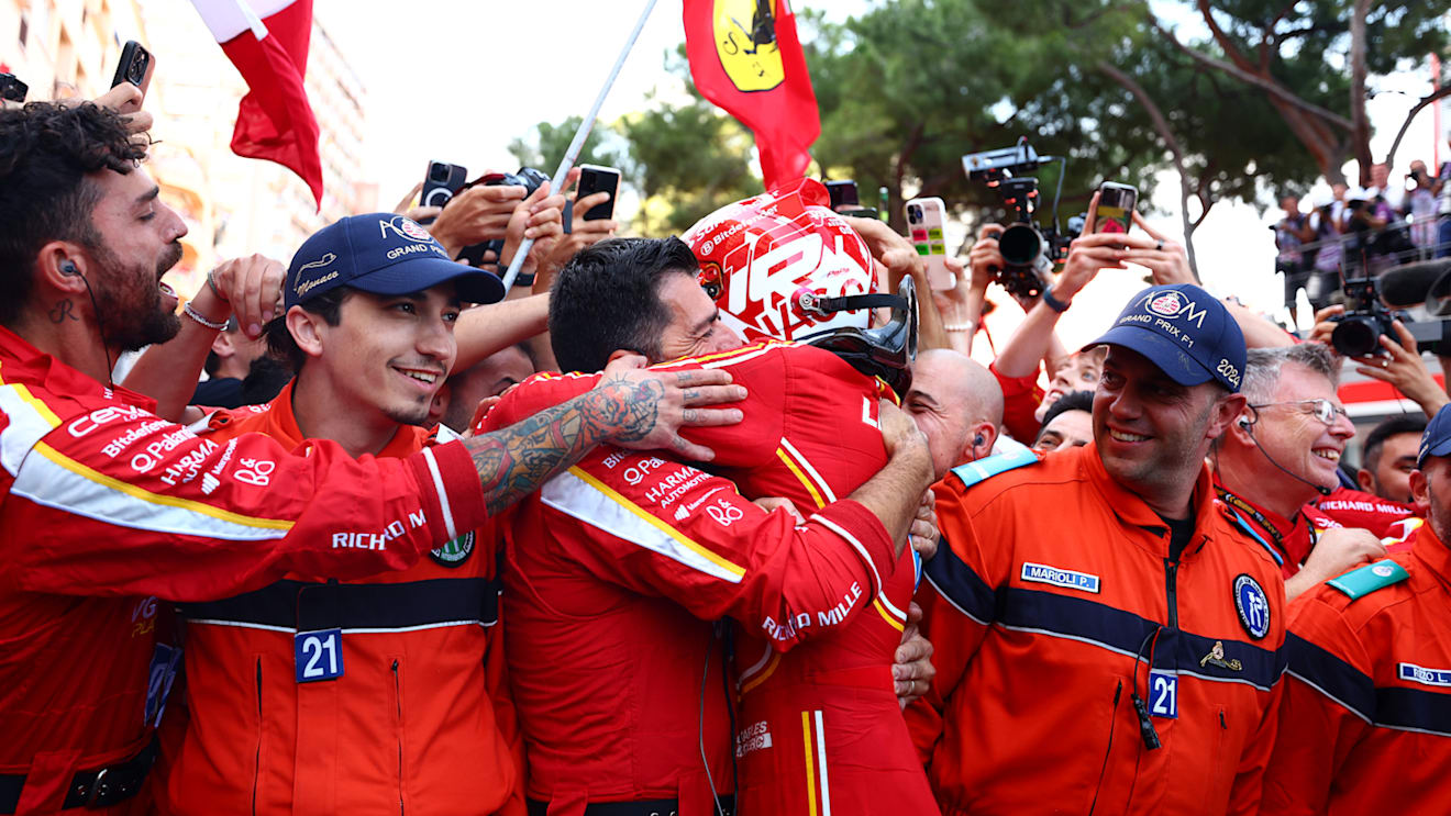MONTE-CARLO, MONACO - MAY 26: Race winner Charles Leclerc of Monaco and Ferrari celebrates in parc ferme during the F1 Grand Prix of Monaco at Circuit de Monaco on May 26, 2024 in Monte-Carlo, Monaco. (Photo by Bryn Lennon - Formula 1/Formula 1 via Getty Images)