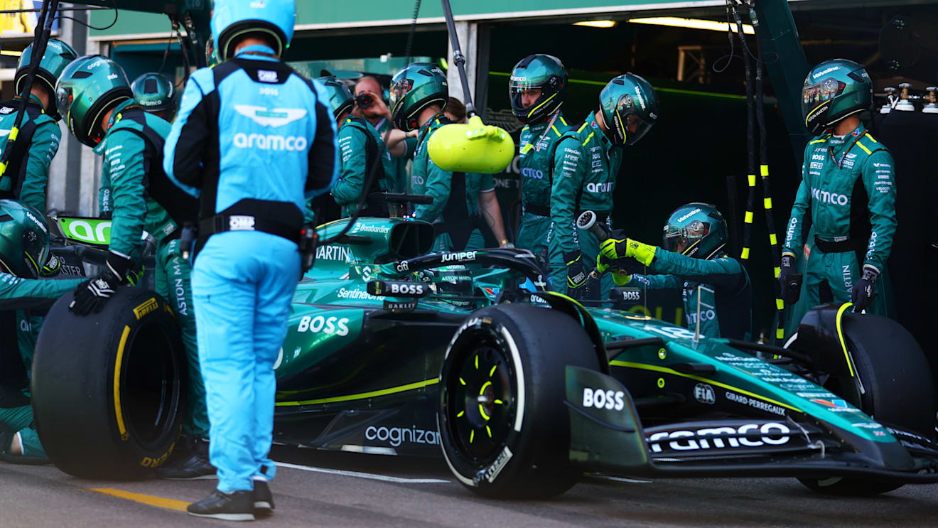 MONTE-CARLO, MONACO - MAY 26: Lance Stroll of Canada driving the (18) Aston Martin AMR24 Mercedes makes a pitstop during the F1 Grand Prix of Monaco at Circuit de Monaco on May 26, 2024 in Monte-Carlo, Monaco. (Photo by Bryn Lennon - Formula 1/Formula 1 via Getty Images)