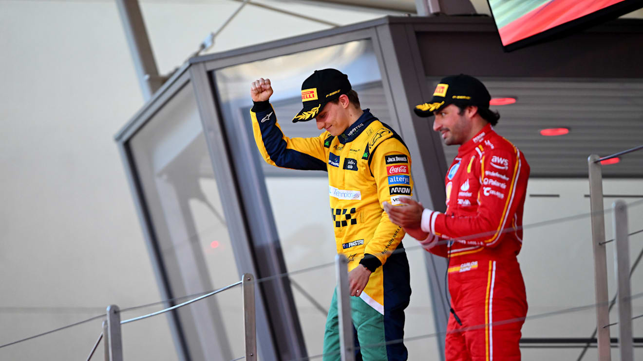 MONTE-CARLO, MONACO - MAY 26: Second placed Oscar Piastri of Australia and McLaren and Third placed Carlos Sainz of Spain and Ferrari celebrates on the podium during the F1 Grand Prix of Monaco at Circuit de Monaco on May 26, 2024 in Monte-Carlo, Monaco. (Photo by Rudy Carezzevoli/Getty Images)
