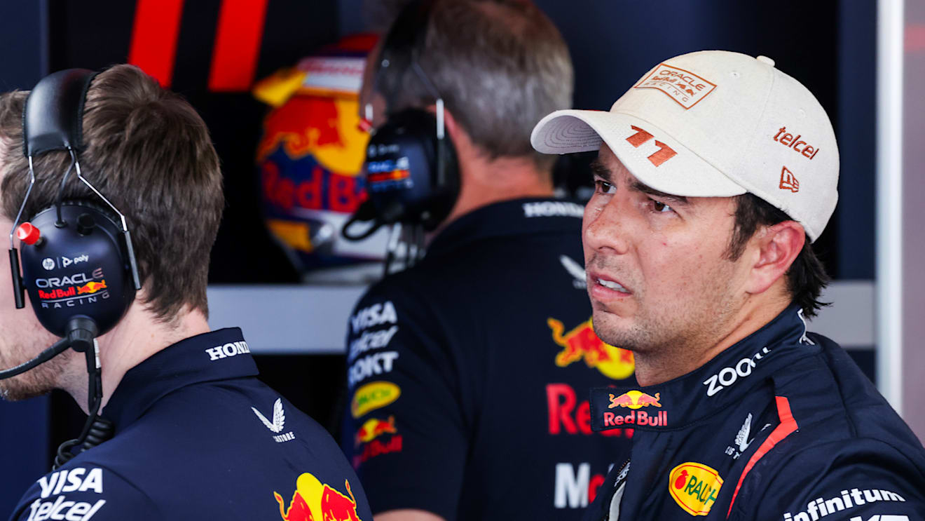 MONTE-CARLO, MONACO - MAY 25: 18th placed qualifier Sergio Perez of Mexico and Oracle Red Bull Racing looks on in the garage during qualifying ahead of the F1 Grand Prix of Monaco at Circuit de Monaco on May 25, 2024 in Monte-Carlo, Monaco. (Photo by Mark Thompson/Getty Images)