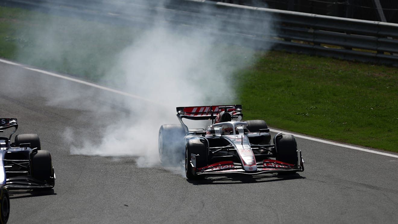 ZANDVOORT, NETHERLANDS - AUGUST 25: Kevin Magnussen of Denmark driving the (20) Haas F1 VF-24 Ferrari locks a wheel under braking during the F1 Grand Prix of Netherlands at Circuit Zandvoort on August 25, 2024 in Zandvoort, Netherlands. (Photo by Bryn Lennon - Formula 1/Formula 1 via Getty Images)