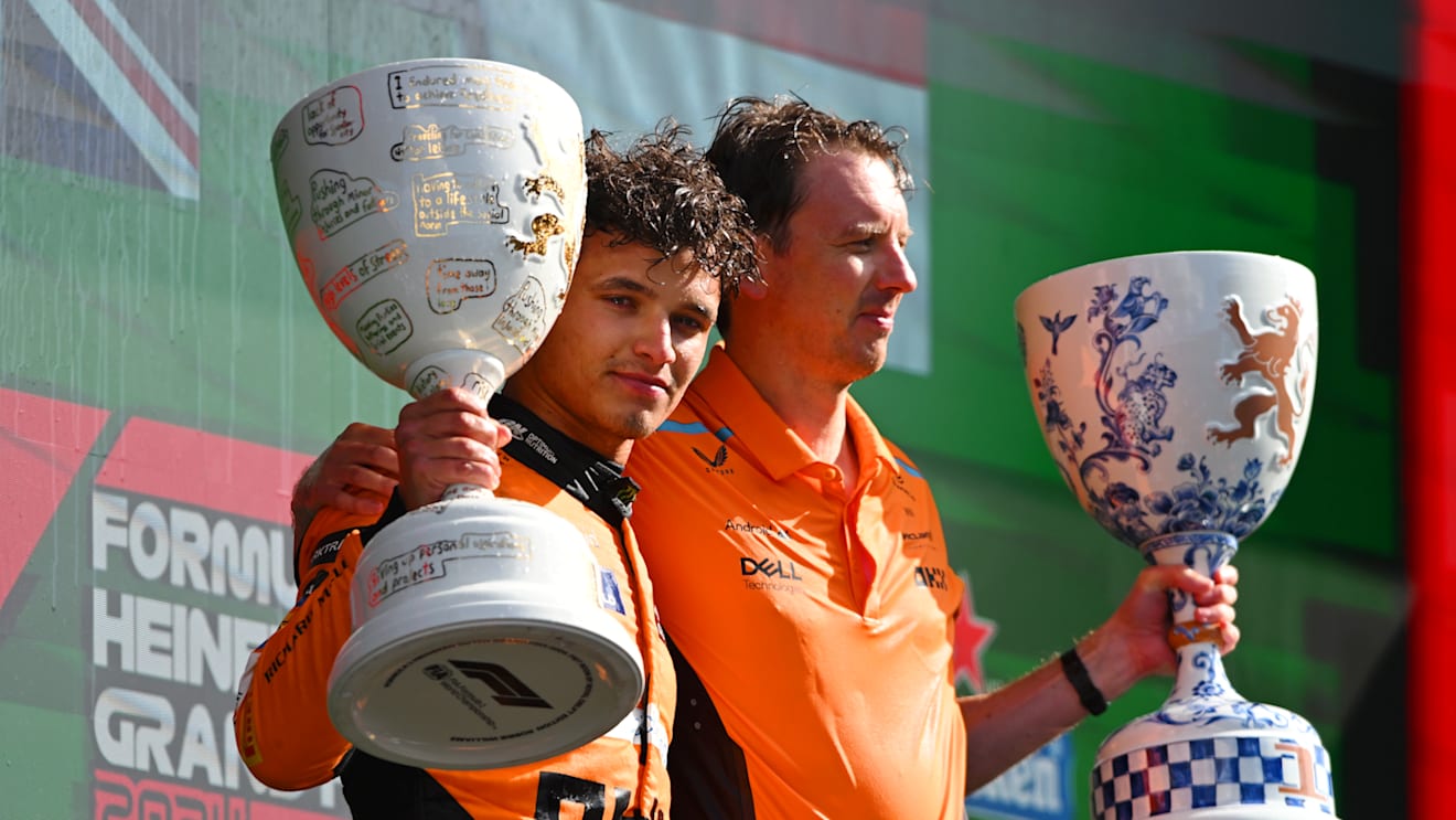 ZANDVOORT, NETHERLANDS - AUGUST 25: Race winner Lando Norris of Great Britain and McLaren and Will Joseph, Director, Race Engineering at McLaren celebrate in parc ferme after the F1 Grand Prix of Netherlands at Circuit Zandvoort on August 25, 2024 in Zandvoort, Netherlands. (Photo by Rudy Carezzevoli/Getty Images)