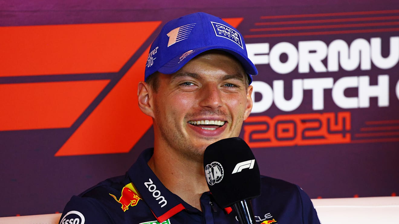 ZANDVOORT, NETHERLANDS - AUGUST 22: Max Verstappen of the Netherlands and Oracle Red Bull Racing attends the Drivers Press Conference during previews ahead of the F1 Grand Prix of Netherlands at Circuit Zandvoort on August 22, 2024 in Zandvoort, Netherlands. (Photo by Clive Rose/Getty Images)