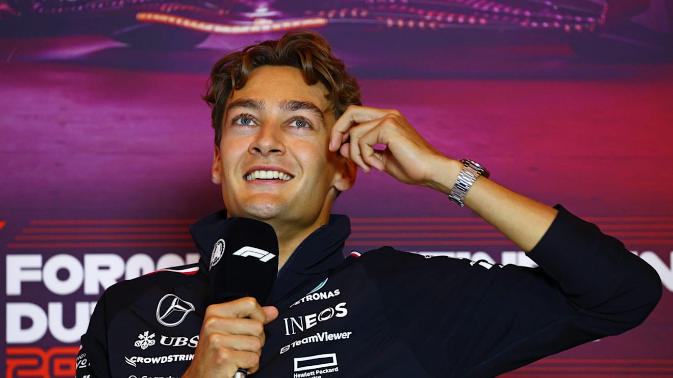 ZANDVOORT, NETHERLANDS - AUGUST 22: George Russell of Great Britain and Mercedes attends the Drivers Press Conference during previews ahead of the F1 Grand Prix of Netherlands at Circuit Zandvoort on August 22, 2024 in Zandvoort, Netherlands. (Photo by Clive Rose/Getty Images)