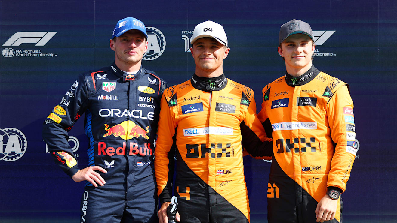 ZANDVOORT, NETHERLANDS - AUGUST 24: Second placed qualifier Max Verstappen of the Netherlands and Oracle Red Bull Racing, pole position qualifier Lando Norris of Great Britain and McLaren and third placed qualifier Oscar Piastri of Australia and McLaren pose for a photo in parc ferme after qualifying ahead of the F1 Grand Prix of Netherlands at Circuit Zandvoort on August 24, 2024 in Zandvoort, Netherlands. (Photo by Bryn Lennon - Formula 1/Formula 1 via Getty Images)