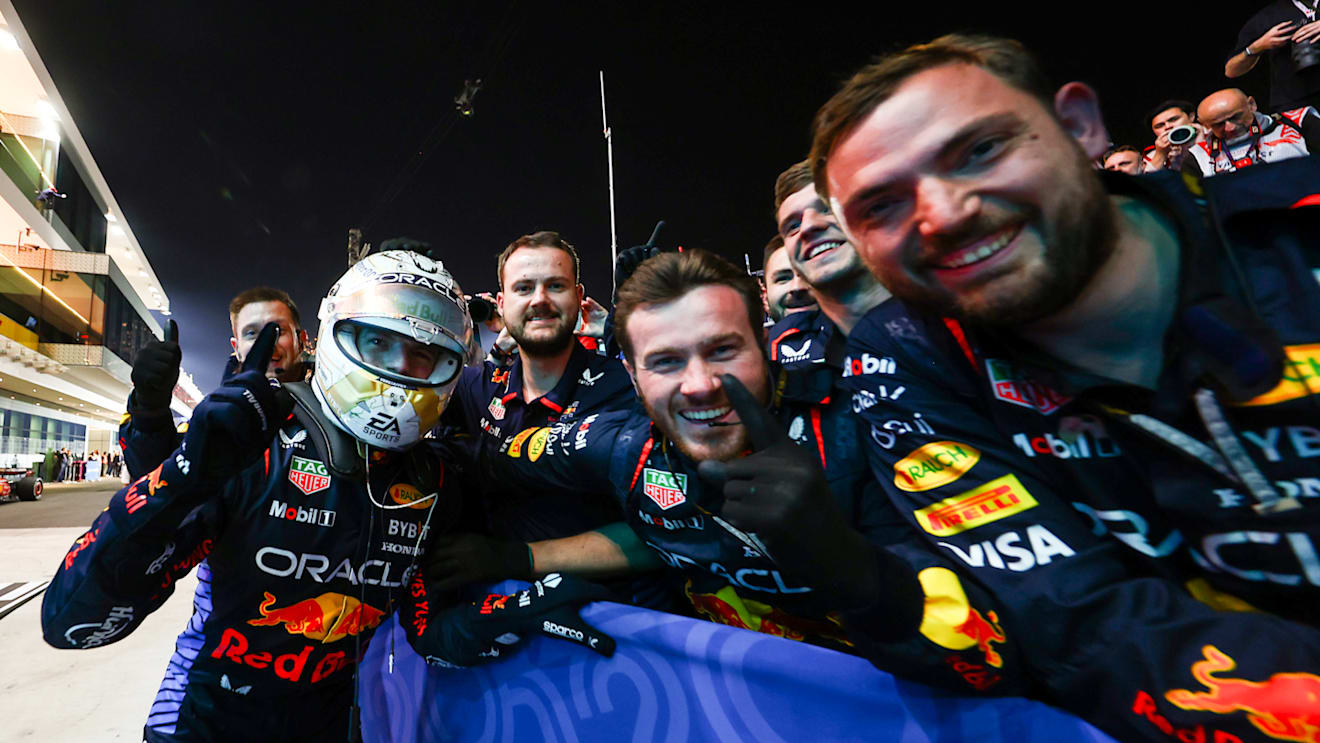 LUSAIL CITY, QATAR - DECEMBER 01: Race winner Max Verstappen of the Netherlands and Oracle Red Bull Racing celebrates with Oracle Red Bull Racing team members in parc ferme during the F1 Grand Prix of Qatar at Lusail International Circuit on December 01, 2024 in Lusail City, Qatar. (Photo by Mark Thompson/Getty Images)
