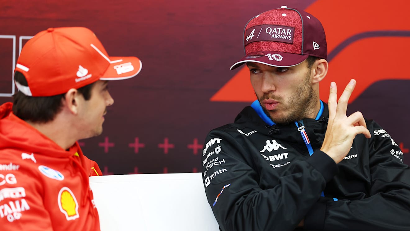 LUSAIL CITY, QATAR - NOVEMBER 28: Charles Leclerc of Monaco and Ferrari and Pierre Gasly of France and Alpine F1 attend the Drivers Press Conference during previews ahead of the F1 Grand Prix of Qatar at Lusail International Circuit on November 28, 2024 in Lusail City, Qatar. (Photo by Bryn Lennon/Getty Images)