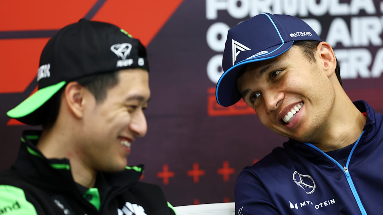 LUSAIL CITY, QATAR - NOVEMBER 28: Alexander Albon of Thailand and Williams and Zhou Guanyu of China and Stake F1 Team Kick Sauber attend the Drivers Press Conference during previews ahead of the F1 Grand Prix of Qatar at Lusail International Circuit on November 28, 2024 in Lusail City, Qatar. (Photo by Bryn Lennon/Getty Images)