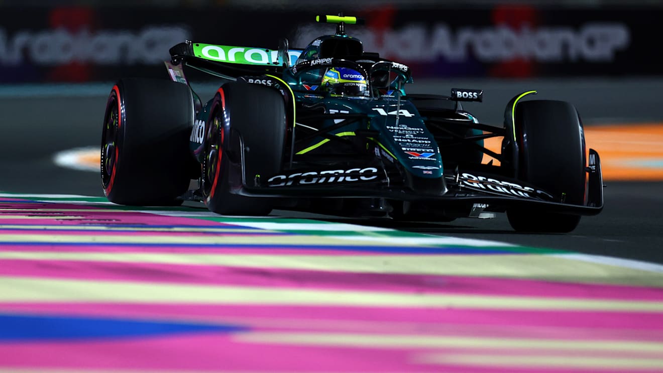 JEDDAH, SAUDI ARABIA - MARCH 07: Fernando Alonso of Spain driving the (14) Aston Martin AMR24 Mercedes on track during practice ahead of the F1 Grand Prix of Saudi Arabia at Jeddah Corniche Circuit on March 07, 2024 in Jeddah, Saudi Arabia. (Photo by Clive Rose/Getty Images)