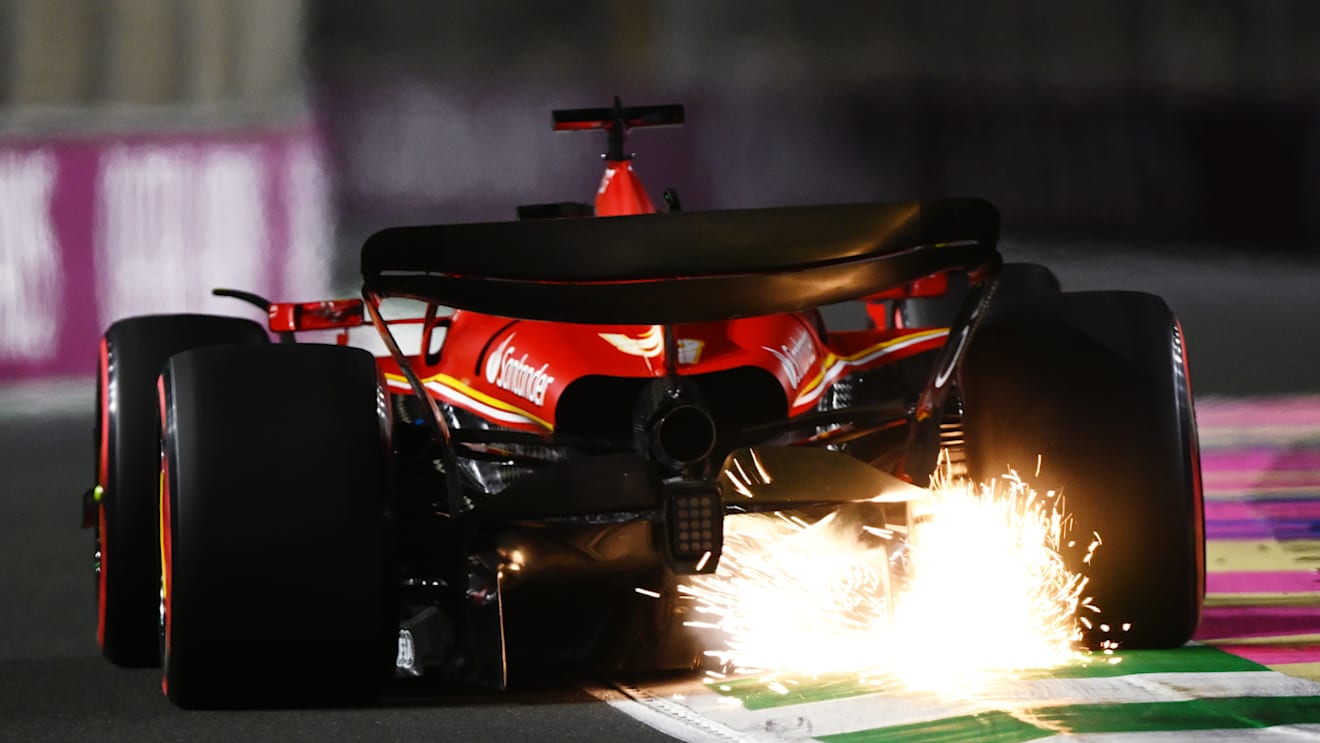 JEDDAH, SAUDI ARABIA - MARCH 08: Sparks fly behind Charles Leclerc of Monaco driving the (16) Ferrari SF-24 on track during qualifying ahead of the F1 Grand Prix of Saudi Arabia at Jeddah Corniche Circuit on March 08, 2024 in Jeddah, Saudi Arabia. (Photo by Clive Mason/Getty Images)
