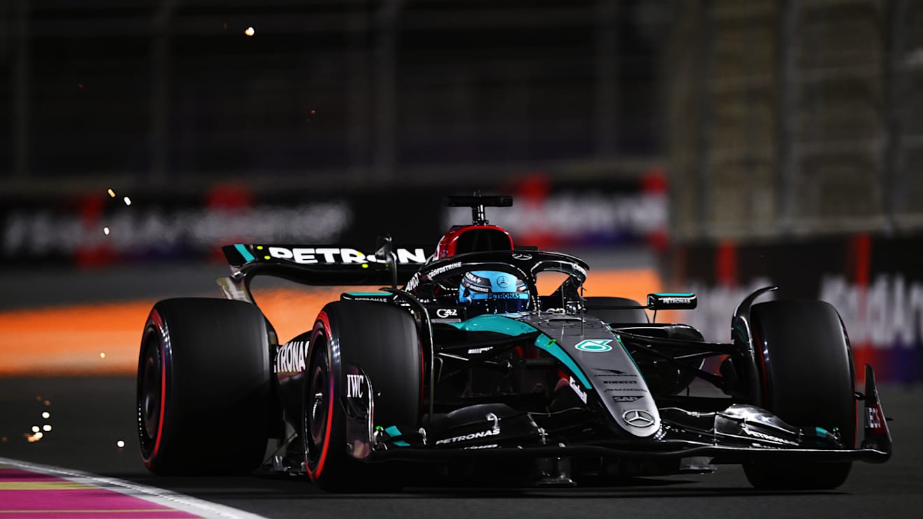 JEDDAH, SAUDI ARABIA - MARCH 08: George Russell of Great Britain driving the (63) Mercedes AMG Petronas F1 Team W15 on track during qualifying ahead of the F1 Grand Prix of Saudi Arabia at Jeddah Corniche Circuit on March 08, 2024 in Jeddah, Saudi Arabia. (Photo by Clive Mason/Getty Images)
