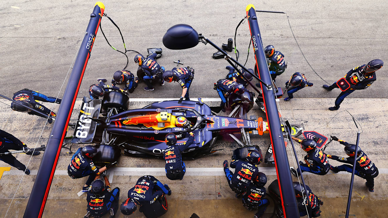 BARCELONA, SPAIN - JUNE 23: Sergio Perez of Mexico driving the (11) Oracle Red Bull Racing RB20 makes a pitstop during the F1 Grand Prix of Spain at Circuit de Barcelona-Catalunya on June 23, 2024 in Barcelona, Spain. (Photo by Clive Rose - Formula 1/Formula 1 via Getty Images)