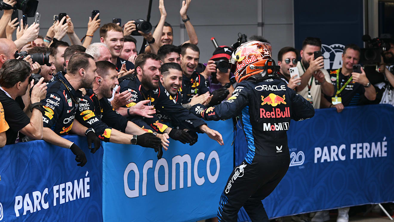 BARCELONA, SPAIN - JUNE 23: Race winner Max Verstappen of the Netherlands and Oracle Red Bull Racing celebrates in parc ferme during the F1 Grand Prix of Spain at Circuit de Barcelona-Catalunya on June 23, 2024 in Barcelona, Spain. (Photo by Mark Sutton - Formula 1/Formula 1 via Getty Images)