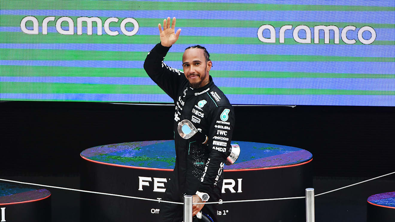 BARCELONA, SPAIN - JUNE 23: Third placed Lewis Hamilton of Great Britain and Mercedes celebrates on the podium during the F1 Grand Prix of Spain at Circuit de Barcelona-Catalunya on June 23, 2024 in Barcelona, Spain. (Photo by James Sutton - Formula 1/Formula 1 via Getty Images)