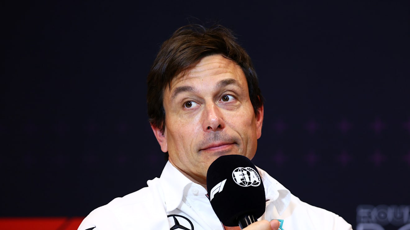 BARCELONA, SPAIN - JUNE 21: Mercedes GP Executive Director Toto Wolff talks in the Team Principals Press Conference during practice ahead of the F1 Grand Prix of Spain at Circuit de Barcelona-Catalunya on June 21, 2024 in Barcelona, Spain. (Photo by Clive Rose/Getty Images)