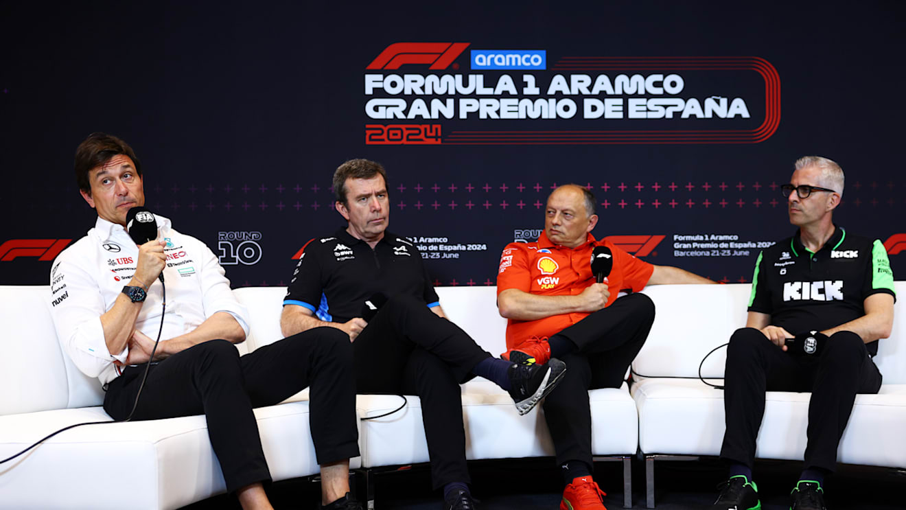 BARCELONA, SPAIN - JUNE 21: Mercedes GP Executive Director Toto Wolff, Bruno Famin, Team Principal of Alpine F1, Ferrari Team Principal Frederic Vasseur and Alessandro Alunni Bravi, Team Representative of Stake F1 Team Kick Sauber look on in the Team Principals Press Conference during practice ahead of the F1 Grand Prix of Spain at Circuit de Barcelona-Catalunya on June 21, 2024 in Barcelona, Spain. (Photo by Clive Rose/Getty Images)