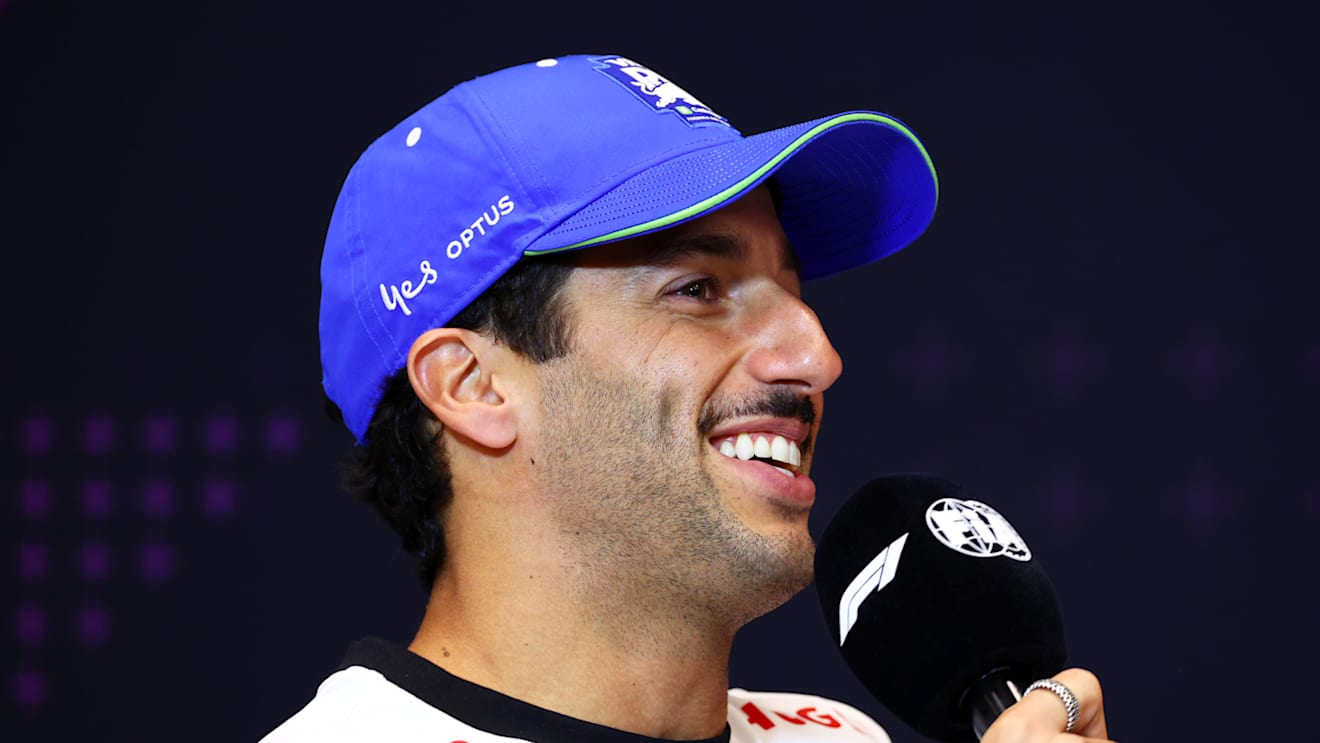 BARCELONA, SPAIN - JUNE 20: Daniel Ricciardo of Australia and Visa Cash App RB attends the press conference during previews ahead of the F1 Grand Prix of Spain at Circuit de Barcelona-Catalunya on June 20, 2024 in Barcelona, Spain. (Photo by Clive Rose/Getty Images)