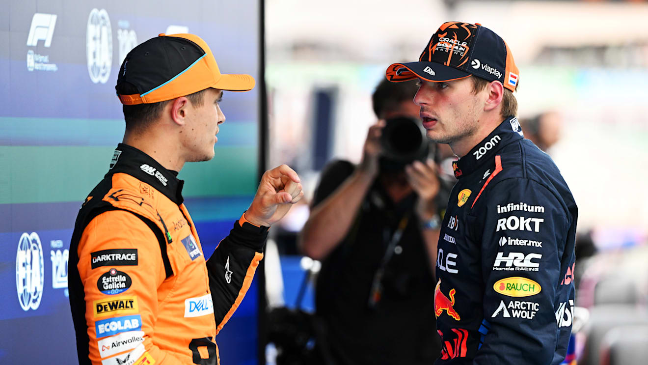BARCELONA, SPAIN - JUNE 22: Pole position qualifier Lando Norris of Great Britain and McLaren and Second placed qualifier Max Verstappen of the Netherlands and Oracle Red Bull Racing talk in parc ferme during qualifying ahead of the F1 Grand Prix of Spain at Circuit de Barcelona-Catalunya on June 22, 2024 in Barcelona, Spain. (Photo by Mark Sutton - Formula 1/Formula 1 via Getty Images)