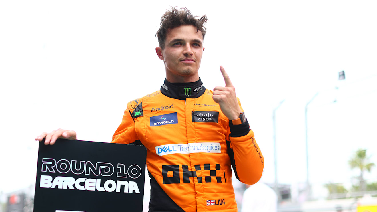 BARCELONA, SPAIN - JUNE 22: Pole position qualifier Lando Norris of Great Britain and McLaren celebrates in parc ferme during qualifying ahead of the F1 Grand Prix of Spain at Circuit de Barcelona-Catalunya on June 22, 2024 in Barcelona, Spain. (Photo by Clive Rose - Formula 1/Formula 1 via Getty Images)