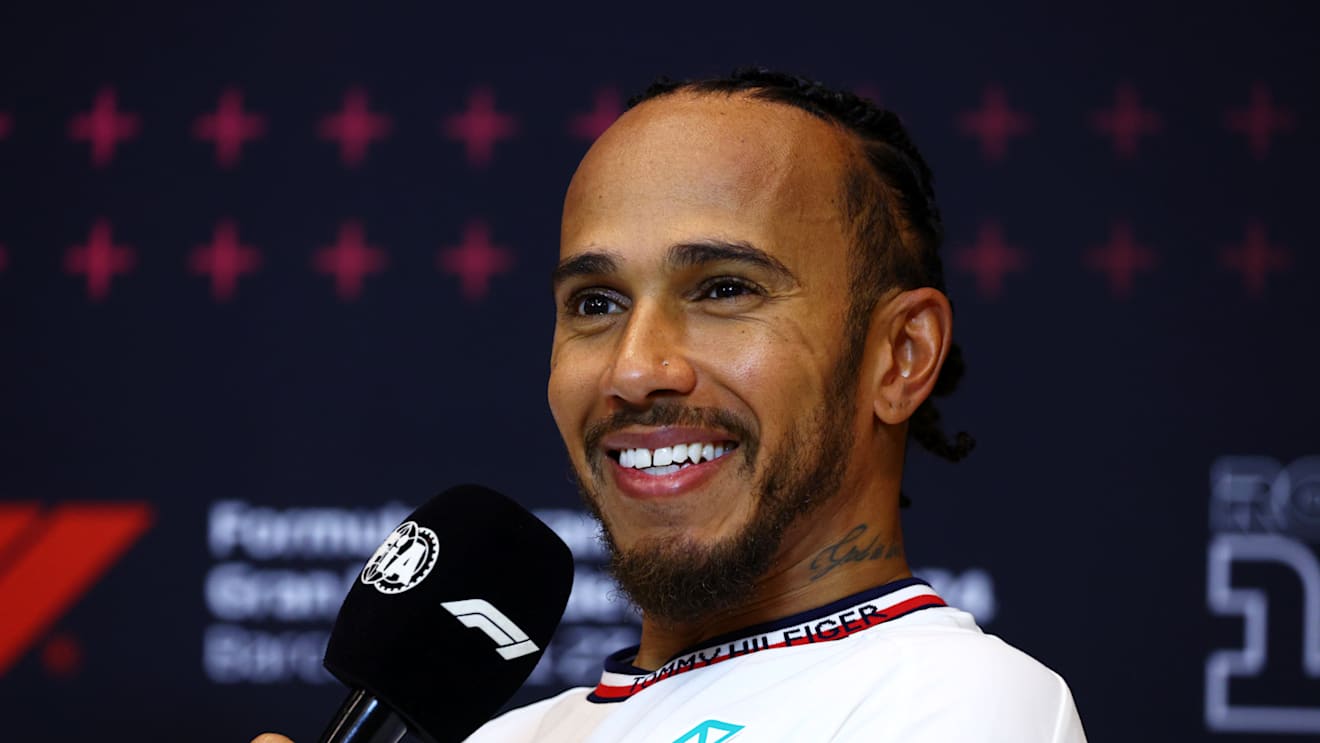 BARCELONA, SPAIN - JUNE 22: Third placed qualifier Lewis Hamilton of Great Britain and Mercedes attends the press conference after qualifying ahead of the F1 Grand Prix of Spain at Circuit de Barcelona-Catalunya on June 22, 2024 in Barcelona, Spain. (Photo by Clive Rose/Getty Images)