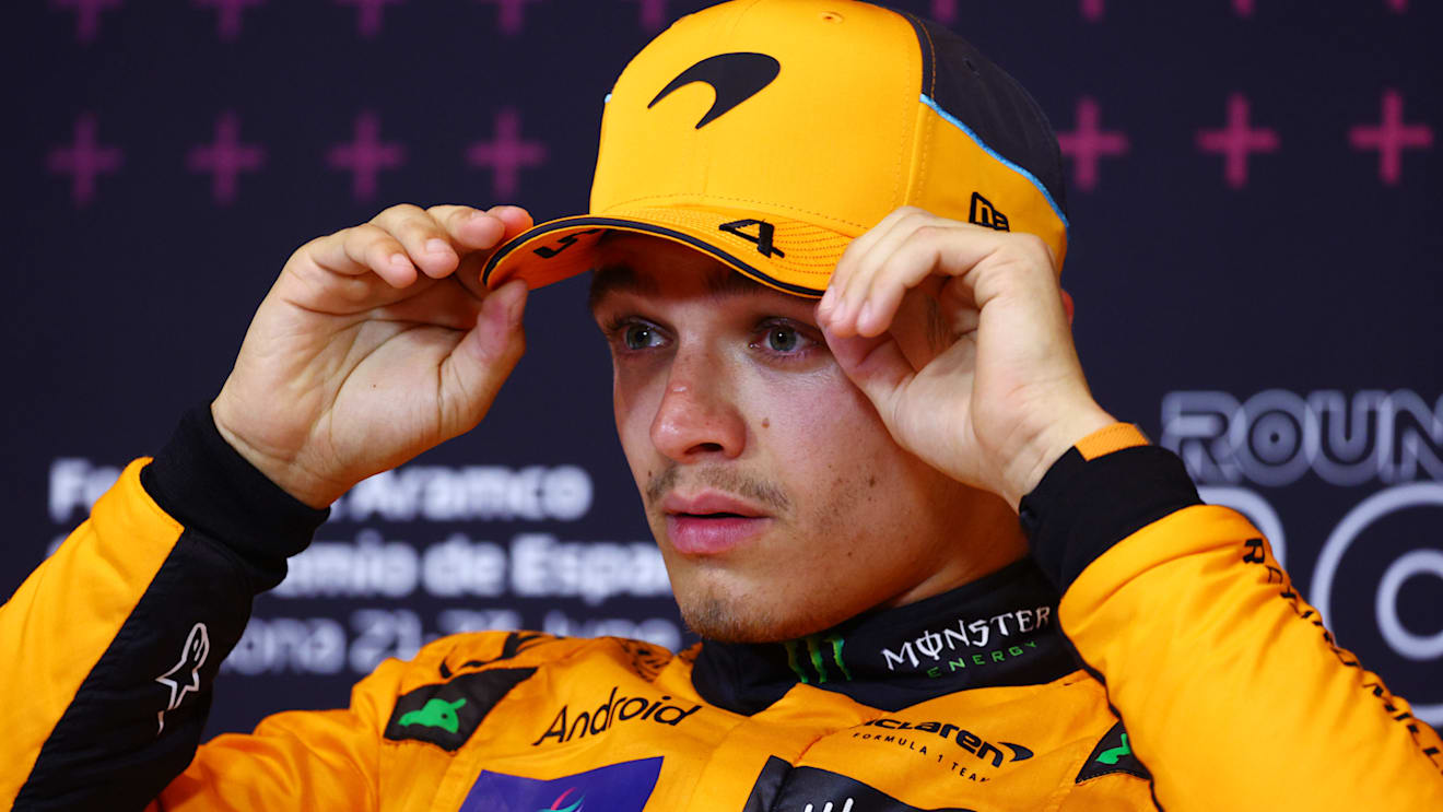 BARCELONA, SPAIN - JUNE 22: Pole position qualifier Lando Norris of Great Britain and McLaren attends the press conference after qualifying ahead of the F1 Grand Prix of Spain at Circuit de Barcelona-Catalunya on June 22, 2024 in Barcelona, Spain. (Photo by Clive Rose/Getty Images)