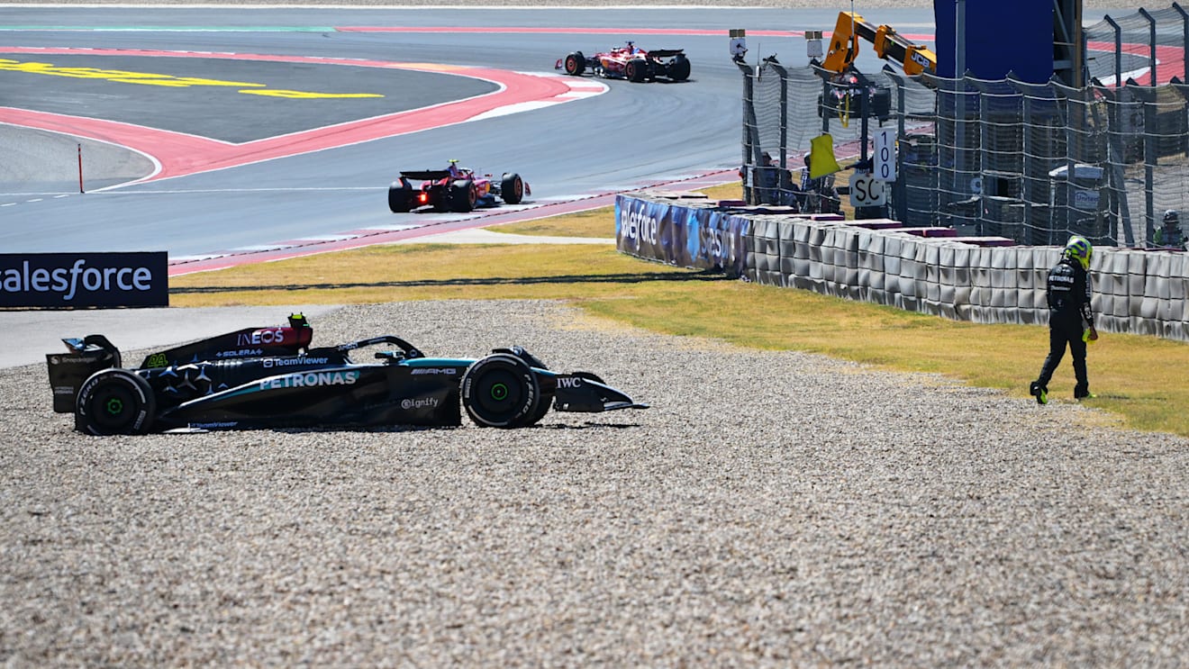 AUSTIN, TEXAS - OCTOBER 20: Lewis Hamilton of Great Britain driving the (44) Mercedes AMG Petronas F1 Team W15 walks away after crashing during the F1 Grand Prix of United States at Circuit of The Americas on October 20, 2024 in Austin, Texas. (Photo by Mark Sutton/Getty Images)