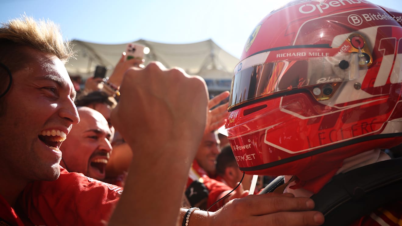 AUSTIN, TEXAS - OCTOBER 20: Race winner Charles Leclerc of Monaco and Ferrari celebrates with his team in parc ferme during the F1 Grand Prix of United States at Circuit of The Americas on October 20, 2024 in Austin, Texas. (Photo by Jared C. Tilton/Getty Images)