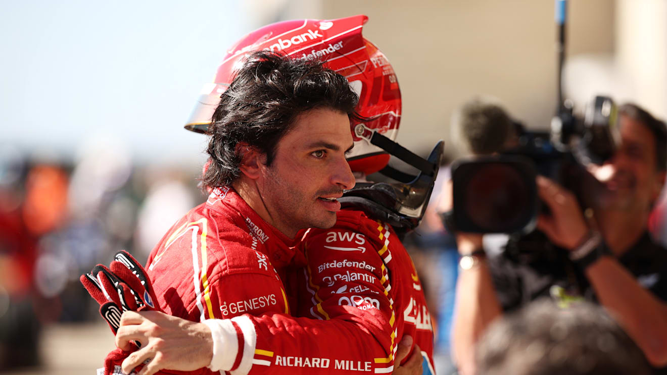 AUSTIN, TEXAS - OCTOBER 20: Race winner Charles Leclerc of Monaco and Ferrari and Second placed Carlos Sainz of Spain and Ferrari celebrate in parc ferme during the F1 Grand Prix of United States at Circuit of The Americas on October 20, 2024 in Austin, Texas. (Photo by Jared C. Tilton/Getty Images)