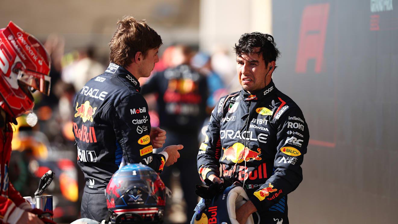 AUSTIN, TEXAS - OCTOBER 20: Third placed Max Verstappen of the Netherlands and Oracle Red Bull Racing and 7th placed Sergio Perez of Mexico and Oracle Red Bull Racing talk in parc ferme during the F1 Grand Prix of United States at Circuit of The Americas on October 20, 2024 in Austin, Texas. (Photo by Jared C. Tilton/Getty Images)
