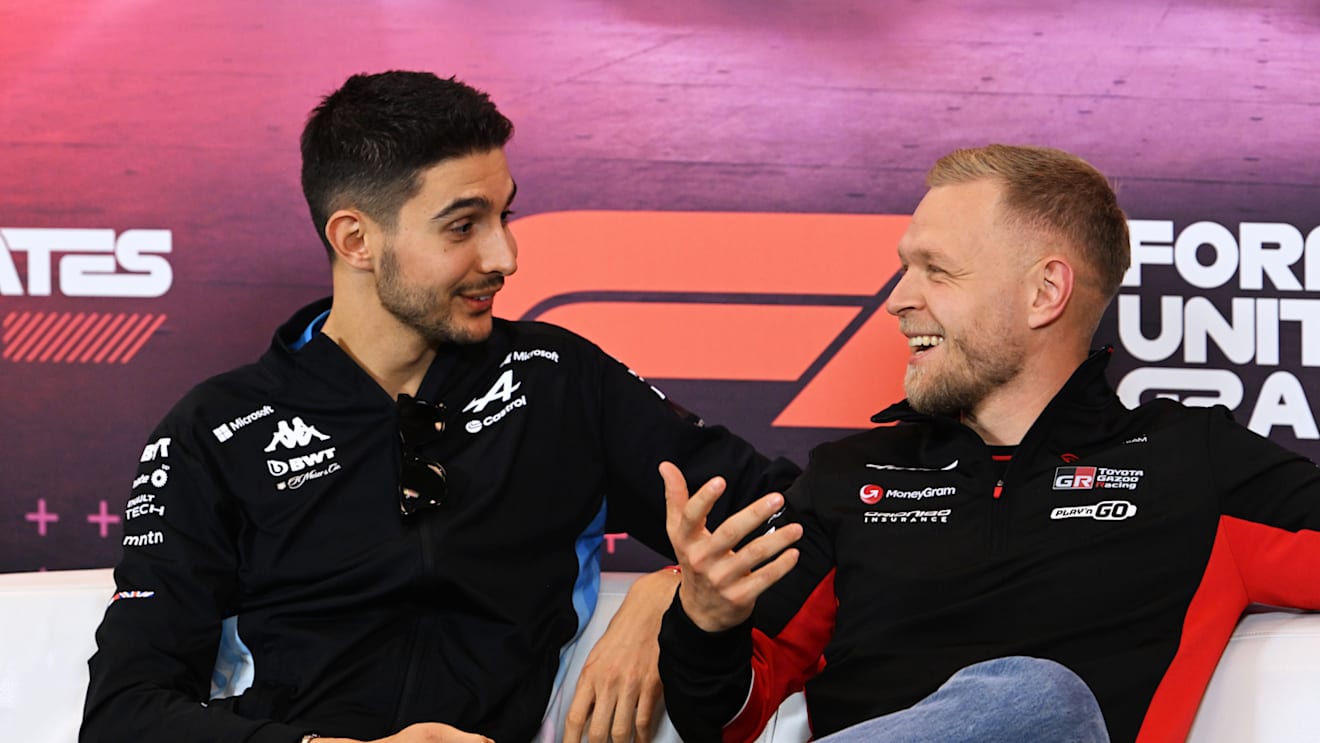 AUSTIN, TEXAS - OCTOBER 17: Esteban Ocon of France and Alpine F1 and Kevin Magnussen of Denmark and Haas F1 talk in the Drivers Press Conference during previews ahead of the F1 Grand Prix of United States at Circuit of The Americas on October 17, 2024 in Austin, Texas. (Photo by Mark Sutton/Getty Images)